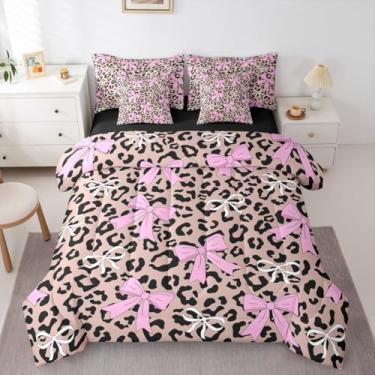 Imagem de Erosebridal Conjunto de cama solteiro de 7 peças com laço de leopardo, rosa, lençol com estampa de pele de guepardo, marrom e preto