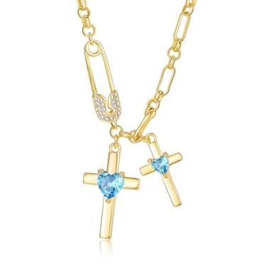 Imagem de SilvecFantasy Colar de cruz de ouro para mulheres, pingente de cruz dupla de 14 K, pino de segurança delicado, 2 pedras do nascimento, clipe de papel, corrente de fé, joias modernas, presentes