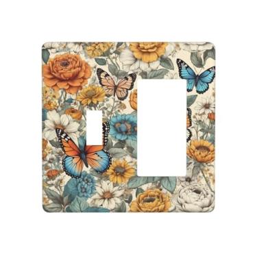 Imagem de Wmhusu Capa para interruptor de luz, vintage, flores de borboleta, florais, 2 gangues, conjunto de balancim, placas de parede, placas decorativas para interruptores e capas de tomada para decoração de