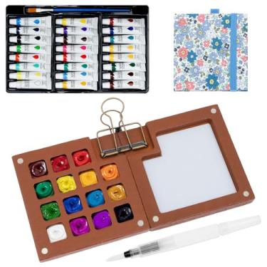 Imagem de ZJRDYYK Conjunto de paleta de pintura em aquarela em miniatura, mini paleta de aquarela de madeira com livro de aquarela e 24 cores de tinta, kit de tinta aquarela portátil para pintores artistas