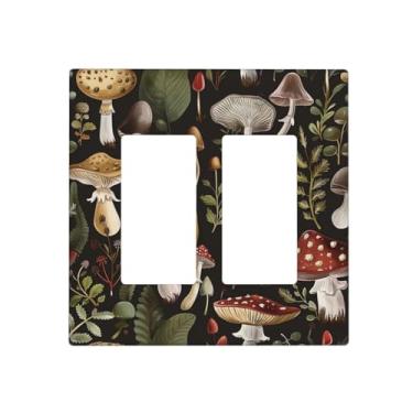 Imagem de JDAKHD Placa de parede decorativa retrô de cogumelo 2 gangues preta vintage floral flor botânica casa de fazenda Gfci compatível com interruptor de luz para sala de estar e casas inteligentes