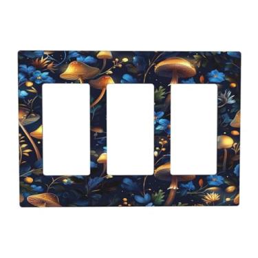Imagem de DWBGUO Capas de tomada decorativas com cogumelos de fantasia e flores azuis vibrantes, placa de parede de 3 gangues, capa de interruptor de luz tripla para decoração de quarto e casa