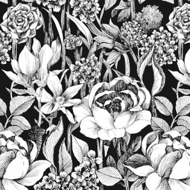 Imagem de Papel de parede floral preto e branco 44,5 cm x 2,999 cm papel de contato floral vintage esboço flor e folha papel de parede autoadesivo retrô faça você mesmo papel de parede decorativo removível rolo