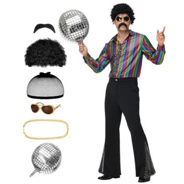 Imagem de TobWeaL Roupas de discoteca masculinas dos anos 70 – Conjunto retrô de calça e camisa com acessórios dos anos 70 para festa temática de Halloween, Linhas, M