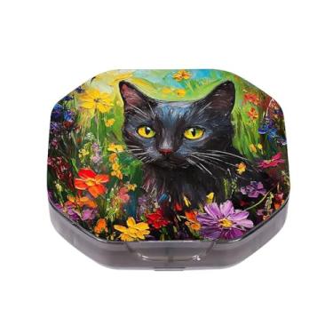 Imagem de Caixa de comprimidos pequena com 4 compartimentos, jardim de flores de gato preto, impermeável, durável, organizador de comprimidos de viagem, diário, portátil, suplementos de óleo de peixe e