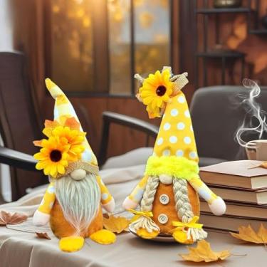 Imagem de Dylayos Pacote com 2 gnomos de girassol de pelúcia: decoração de outono feita à mão para primavera, verão e outono, decorações de casa para o Dia Mundial das Abelhas, cozinha ou bandeja em camadas