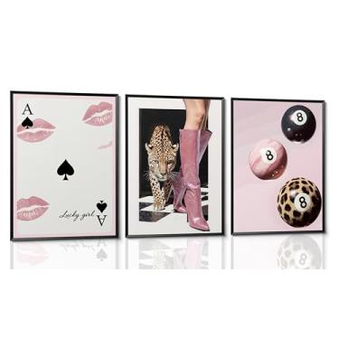 Imagem de 3 peças de arte de parede de oncinha com lábios da sorte rosa 8 bolas desenhos em tela pôsteres impressões pinturas funky decoração de parede preppy para quarto de meninas apartamento dormitório sem