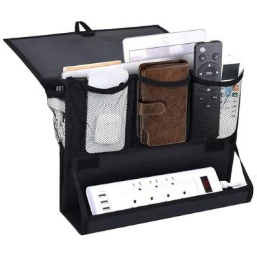 Imagem de Suporte de cabeceira de 6 bolsos com armazenamento de régua elétrica, organizador de pendurar em tecido Oxford para dormitórios e quartos