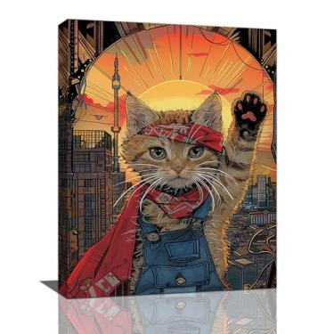 Imagem de Crekviy Decoração de gato engraçada arte de parede imagens de retrato de super-herói gatinho fofo impressões em tela pintura decorações de arte para banheiro quarto sala de estar presentes infantis