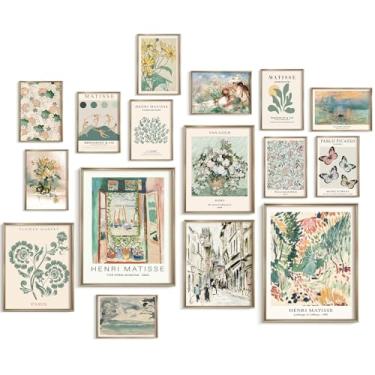Imagem de Vodefoad 16 peças de arte de parede de galeria verde sálvia vintage pôsteres abstratos para quarto Estética Henri Matisse impressões de parede para galeria sala de estar conjunto de colagem de parede