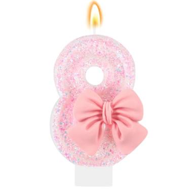 Imagem de IDIJOLI Vela de aniversário rosa com laço número 8, topo de bolo, decoração de cupcake, decorações de festa de aniversário, comemorações, suprimentos, lembrancinhas