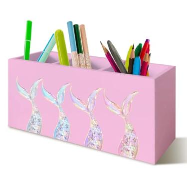 Imagem de YTRGI Presentes de sereia para meninas e mulheres, porta-lápis de sereia pastel para mesa, oceano costeiro, caixa de madeira, placa de bloco para casa, sala de aula, dormitório, escritório, decoração