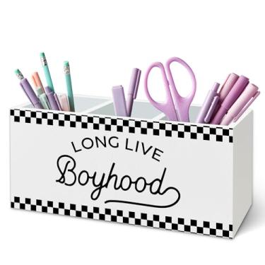 Imagem de TWRVI Suporte de caneta Long Live Boyhood para mesa, decoração quadriculada de sala de aula, suporte de lápis de madeira xadrez preto e branco para quarto de meninos, quarto, sala de jogos, acessórios