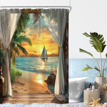Imagem de Riyidecor Cortina de chuveiro de praia 137 cm L x 192 cm A praia pôr do sol havaiano litorânea mar mar costal tropical palmeira cenário porta celeiro decoração de banheiro verão tecido poliéster