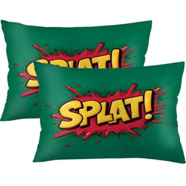 Imagem de Conjunto de 2 fronhas de cama de quadrinhos Green Splat, tamanho padrão, 50 x 66 cm, impressão dupla face com zíper oculto, capas decorativas divertidas de arte pop para quarto de crianças