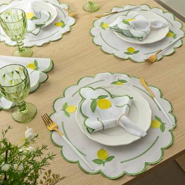 Imagem de Kit 12 Peças 6 Lugares Mesa Posta Sousplat Jogo Americano Limão Siciliano Bordado Branco