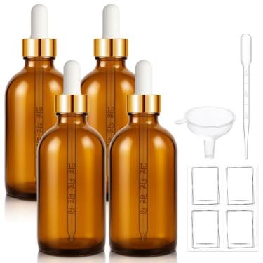 Imagem de Bumobum Frasco conta-gotas de 113 g, frasco conta-gotas de vidro âmbar com conta-gotas medido e tampa dourada, frascos vazios de tintura de olhos com funil, pipeta e etiquetas para soros de óleos
