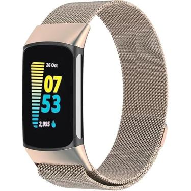 Imagem de PANDA BOBO Pulseira de malha de metal para Fitbit Charge 6/Charge 5, pulseira de substituição ajustável com alça milanesa (champanhe)