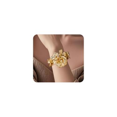 Imagem de Pulseira de flor dourada grossa vintage Boho floral pérola ampla aberta pulseira ajustável delicada festa de casamento aniversário joia declaração, Large, Liga metálica, Sem Pedra Preciosa