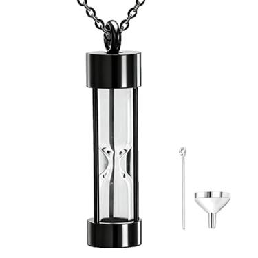 Imagem de ZGGAZCA Colar de ampulheta e pingente de urna, joias para cinzas, colar de cremação para homens e mulheres, kit de frasco de urnas de gato ou humano, colar preto memorial para cinzas