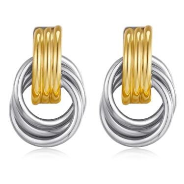 Imagem de Brincos grossos de ouro e prata para mulheres, brincos de argola de dois tons de metal misto geométrico, brincos de argola para mulheres, joias modernas, Small, Aço inoxidável, Sem pedra preciosa