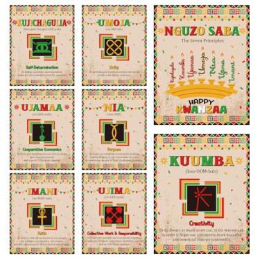 Imagem de Aposwow Pôster Kwanzaa com sete princípios - 8 peças de decorações vintage kwanzaa para arte de parede, pôsteres Kinara afro-americanos, decoração de sala de aula, herança africana, férias, escola