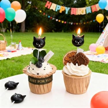 Imagem de Velas de aniversário de gato preto, pacote com 5 velas fofas de gato bruxo para bolos, cupcakes, adoráveis enfeites de bolo de gatinho para Halloween, aniversários e festas temáticas de gato