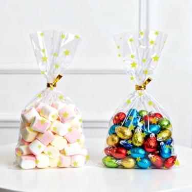 Imagem de 50 peças de sacos de presente transparentes de celofane impressos em estrela, 15 x 23 cm, tela de borda dobrada de 8,5 cm, equipada com laços torcidos, podem ser selados novamente, adequados para