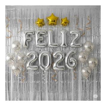Imagem de Kit Decoração Ano Novo Feliz 2026, Prata e Dourado, com Cortina Metalizada 2m x 1m, Balões Números 40cm, Estrelas e Confetes
