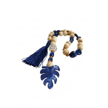 Imagem de colar decorativo de mesa costela de adão 1,20m acrílico cristal, madeira bege, resina azul e tassel cetim