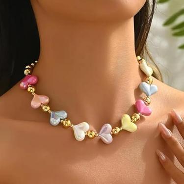 Imagem de Colar gargantilha de coração, colar de pérolas grossas para mulheres, presentes de amizade para mulheres, presentes de Natal, joias, Medium, Latão, Sem Pedra Preciosa