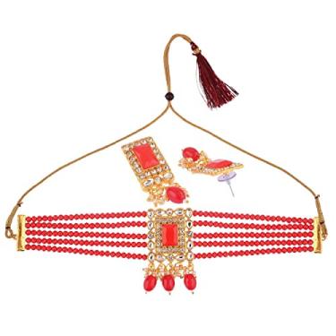 Imagem de Efulgenz Conjunto de colar indiano gargantilha de pérolas falsas com pérolas sintéticas colar de cristal multicamadas maangtikka e brincos pendentes conjunto de joias para mulheres Bollywood tradicional moda bijuteria, Cobre, não conhecido