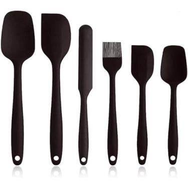 Imagem de **Kit 6 Utensílios de Silicone Premium – Espátulas, Colheres e Pincel Antiadherente, Resistentes ao Calor, Cabo Ergonômico, Ideal para Cozinha e Confeitaria (Preto ou Vermelho)** (Preto)