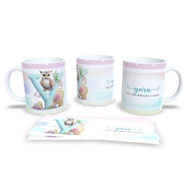 Imagem de Caneca Personalizada com Coruja e Letra A, Porcelana, Design Educacional, Uma Vida Dedicada a Ensinar, Listras Pastéis (y)