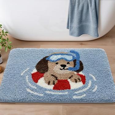 Imagem de Tapete de banheiro fofo, tapete de microfibra para cães de mergulho azul engraçado, tapete de banho lavável à máquina com estampa animal, secagem rápida, tapete de decoração de banheiro para entrada