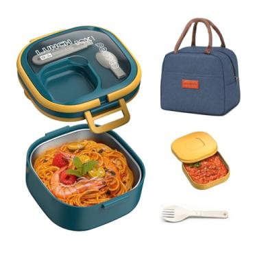 Imagem de PEDECO Caixa Bento empilhável de aço inoxidável, à prova de vazamento, caixa Bento de 1 camada, lancheira com portátil e talheres - para crianças/crianças, pode ser lavada na lava-louças, azul, 800 ml