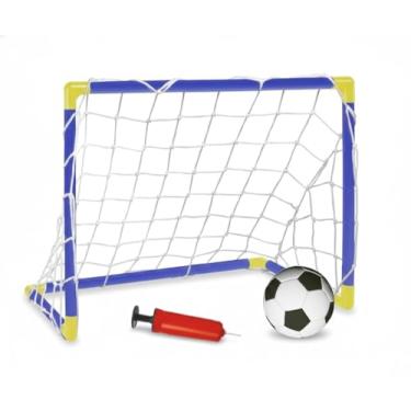 Imagem de Kit Infantil de Futebol com Trave, Bola e Bomba de Ar, Estrutura Azul e Amarela, Rede Branca, Conjunto para Treinamento