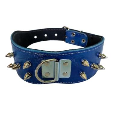 Imagem de Coleira Spike Para Cachorro Couro Legítimo Espinho Pitbull(Azul)
