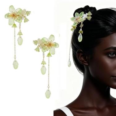 Imagem de Grampos de cabelo de flores e borlas grampos de cabelo estilo chinês borlas de jade palitos de cabelo 2 peças clipes de bico de pato acessórios de cabelo Hanfu para meninas, verde