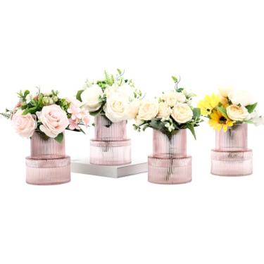 Imagem de YANWE1 Vasos de vidro canelados, conjunto de 4 vasos pequenos para flores, vaso de vidro rosa para tulipas, vaso moderno para sala de estar, cozinha, escritório, entrada, estante de livros, presentes