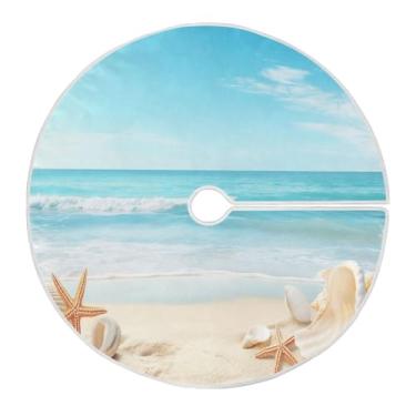 Imagem de Blueangle Linda saia de árvore de Natal com cenário de praia de 120 cm - poliéster macio e resistente a rugas, decoração de férias para festas de Natal, árvore festiva e decoração de casa (662)