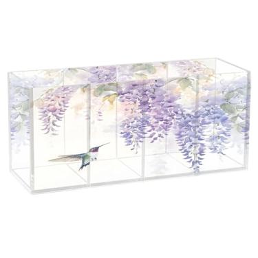 Imagem de SEHANY Lindo porta-canetas de acrílico com flores em aquarela, pássaro, 4 compartimentos, porta-lápis transparente, organizador de pincéis de maquiagem, organizador de papelaria para escritório, casa