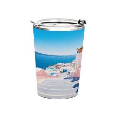 Imagem de Blueangle Copo de 340 g com tampa e canudo, copo de café com água isolada a vácuo de aço inoxidável, caneca de viagem romântica Villagecore copo térmico para bebidas quentes e frias (93)
