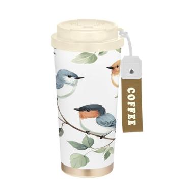 Imagem de SEHANY Caneca de viagem de pássaro colorida de 482 g Copos de café reutilizáveis revestidos de cerâmica com tampa à prova de vazamento, parede dupla, copo de café de aço inoxidável isolado a vácuo