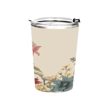 Imagem de Blueangle Copo de 340 g com tampa e canudo, copo de café com água isolada a vácuo de aço inoxidável, caneca de viagem floral colorida copo térmico para bebidas quentes e frias (927)