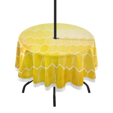 Imagem de ATTX Toalha de mesa redonda com azulejo hexagonal amarelo – 152 cm, impermeável, à prova de derramamento, uso interno/externo, com orifício para guarda-chuva com zíper para acampamento, piquenique