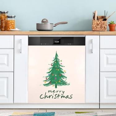 Imagem de ATTX Luzes coloridas árvore de Natal capa magnética para lava-louças, 58,4 cm C x 66 cm A decoração da capa da máquina de lavar louça, decalques de armário doméstico eletrodomésticos adesivos #284