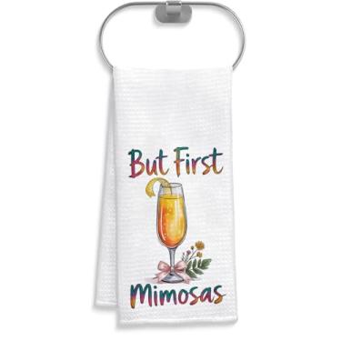 Imagem de WTF But First Mimosas Toalha de cozinha - Decoração de casa de coquetel engraçada para amantes de Mimosa - Álcool humorístico - Presente de inauguração de casa - Toalha de chá de coquetel de verão