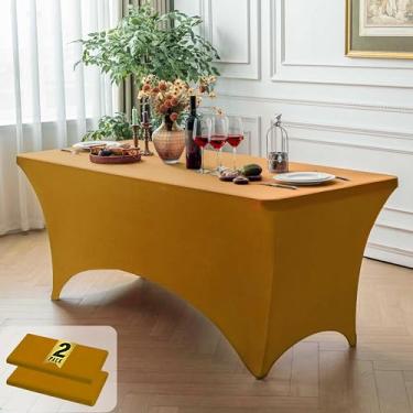 Imagem de FOLINS&HOME Pacote com 2 toalhas de mesa retangulares douradas de 1,8 m com elástico, capa de mesa lavável de elastano resistente à água para mesas de 1,8 m, toalha de mesa elástica para casamentos