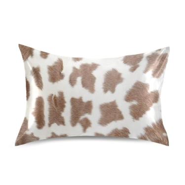 Imagem de Blueangle Fronha de cetim de vaca com estampa marrom branca para cabelo e pele, tamanho padrão (50,8 x 66 cm) - Capas de travesseiro de cetim refrescantes com fecho de envelope (551)